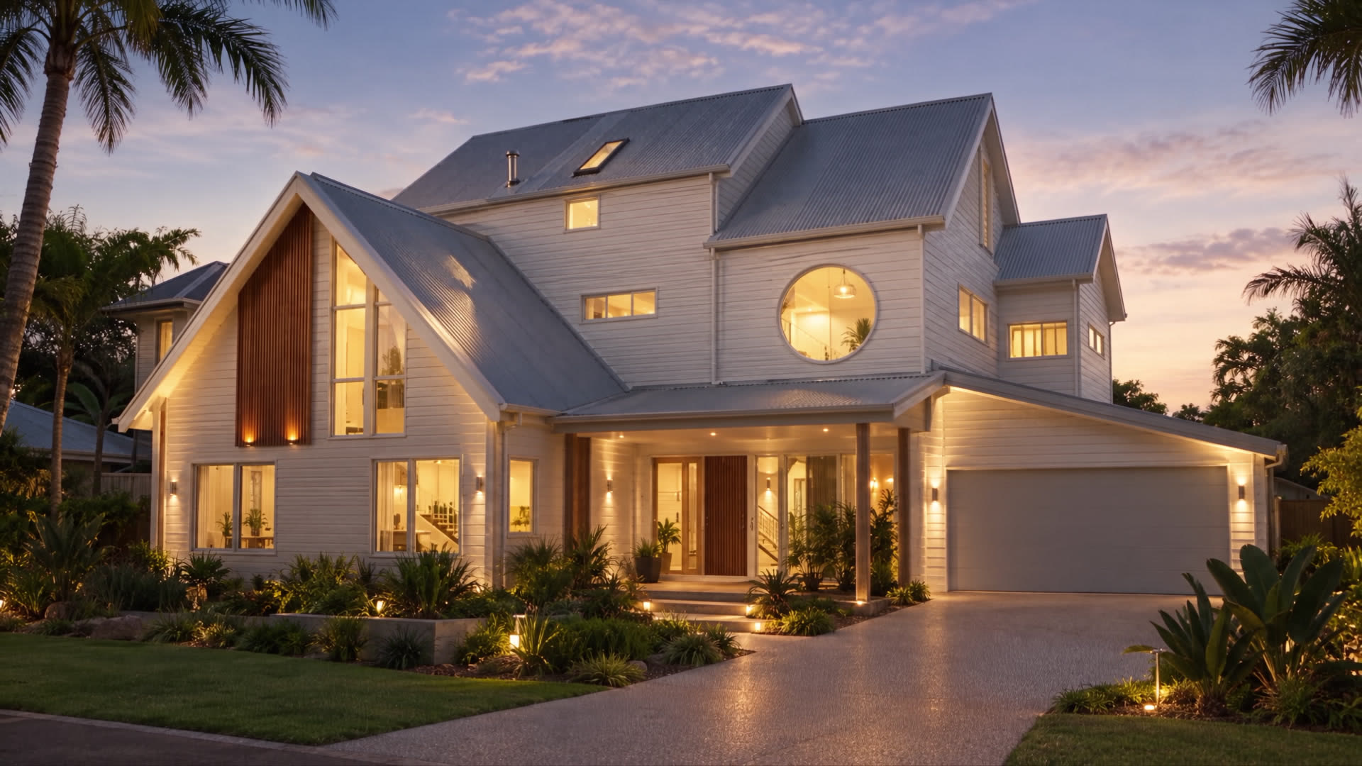 A finished coastal weatherboard house with a round window and timber-battened gable, lit at dusk
